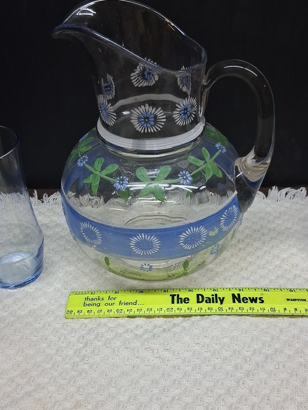 Vintage hand-painted glass pitcher & 3 blue tumblers, cottage style‎